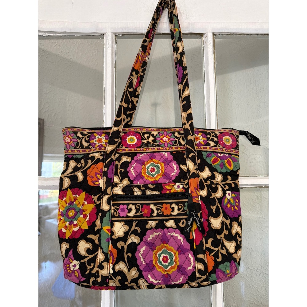 Vera Bradley Night Owl Quilted Cotton Floral Tote Bag Black Purple Pink Orange